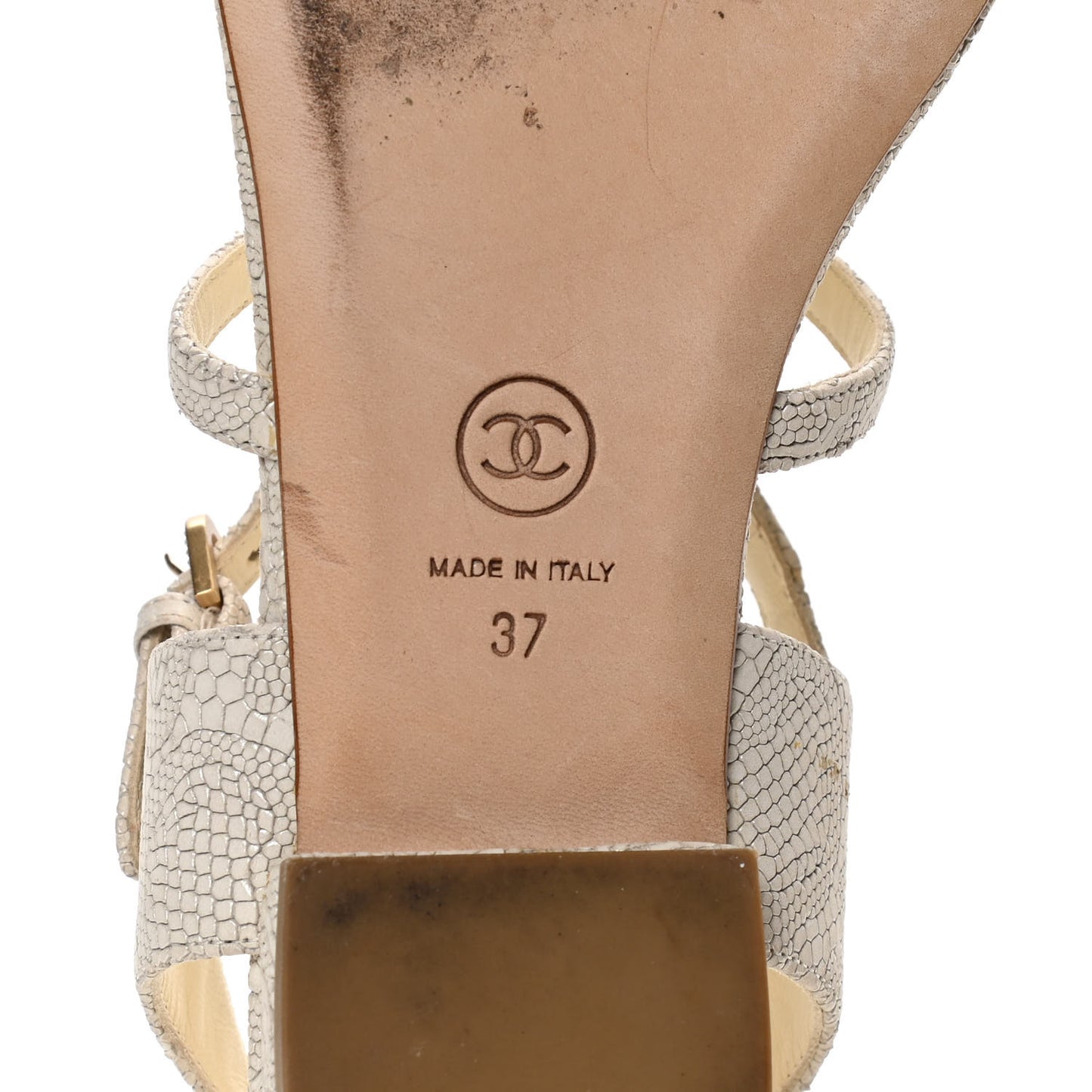 Crackled Calfskin CC Thong Sandals 37 White Black