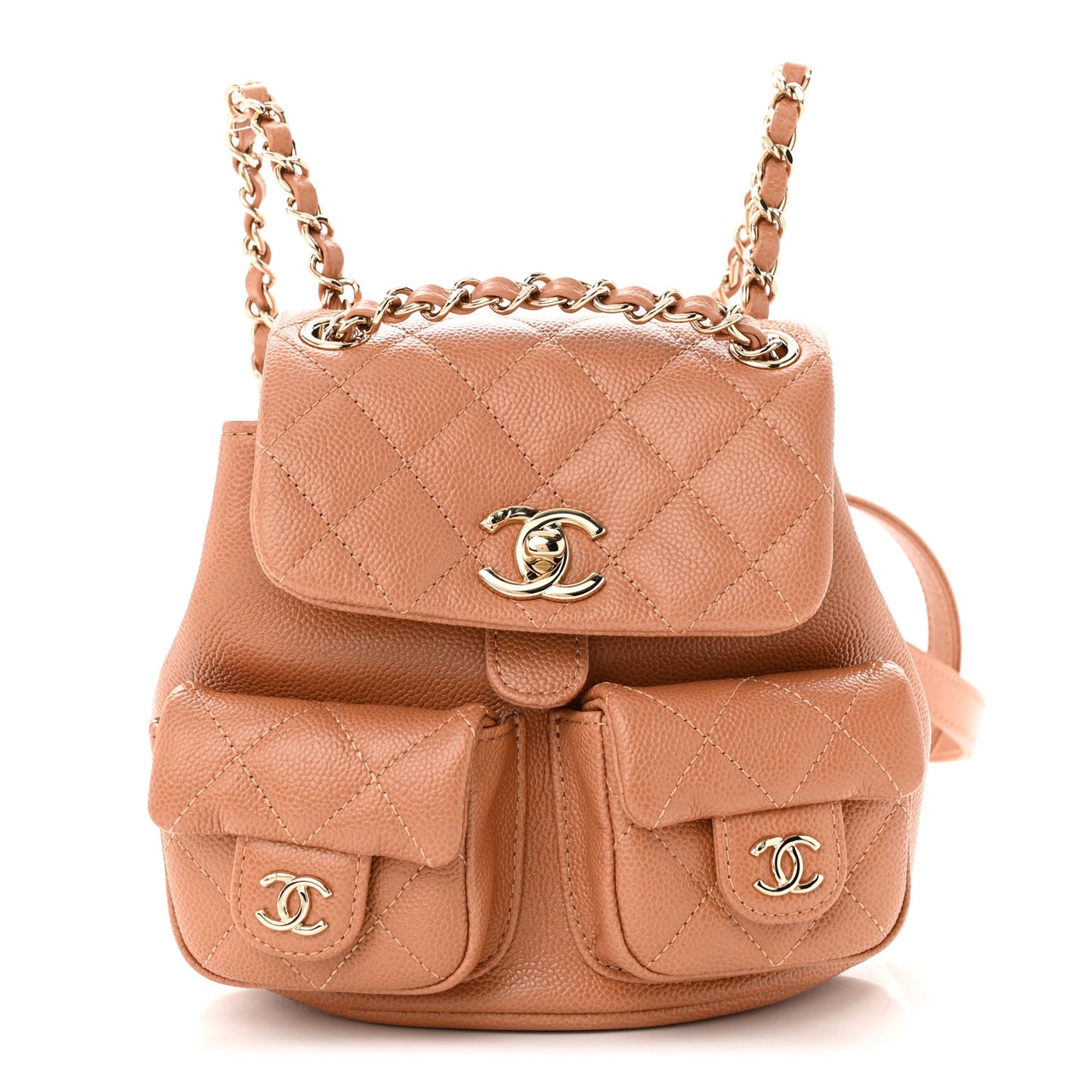 Shiny Caviar Quilted Small Duma Pockets Drawstring Backpack Dark Beige