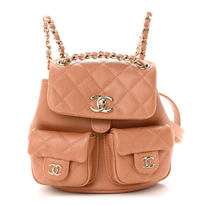 Chanel Shiny Caviar Quilted Small Duma Pockets Drawstring Backpack Dark Beige 1 of 11