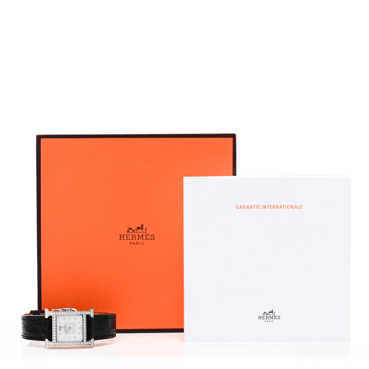 Hermes Stainless Steel Alligator Diamond Bezel Mother of Pearl 21mm Heure H Hour Quartz Watch Noir 5 of 5