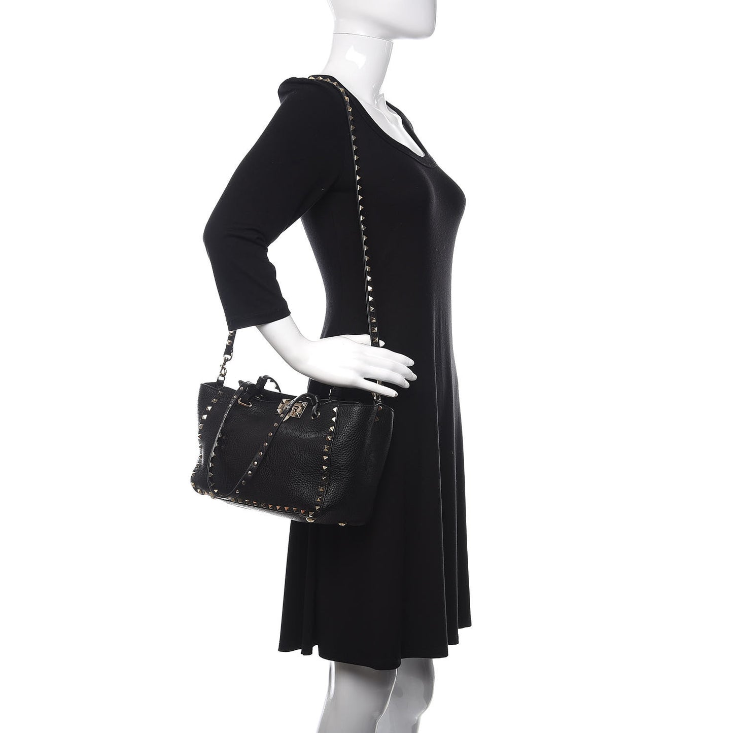 Grained Calfskin Small Rockstud Tote Black
