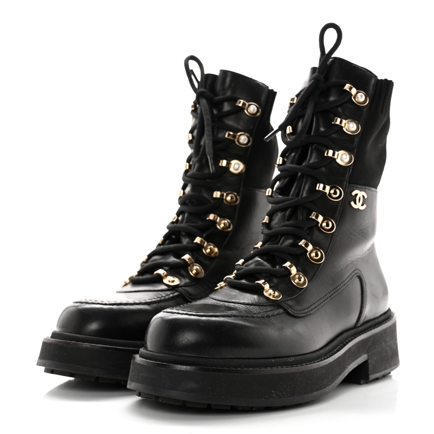 Calfskin Knit Lace Up Combat Boots 39 Black