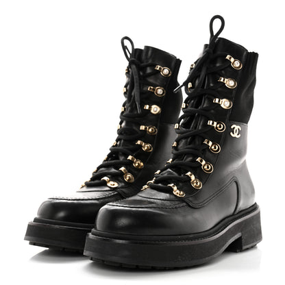 Chanel Calfskin Knit Lace Up Combat Boots 39 Black 3 of 12
