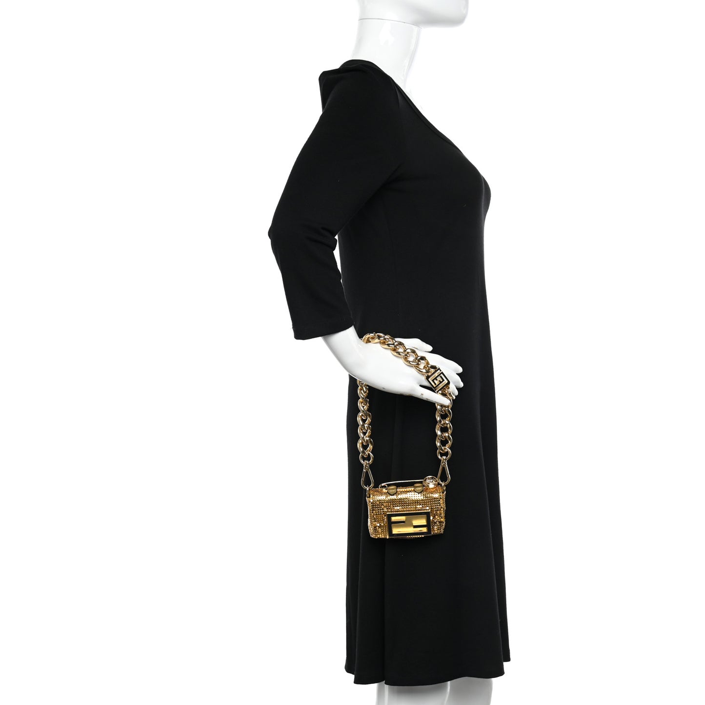 X VERSACE Metal Chainmail Mesh Fendace Nano Brooch Baguette Gold