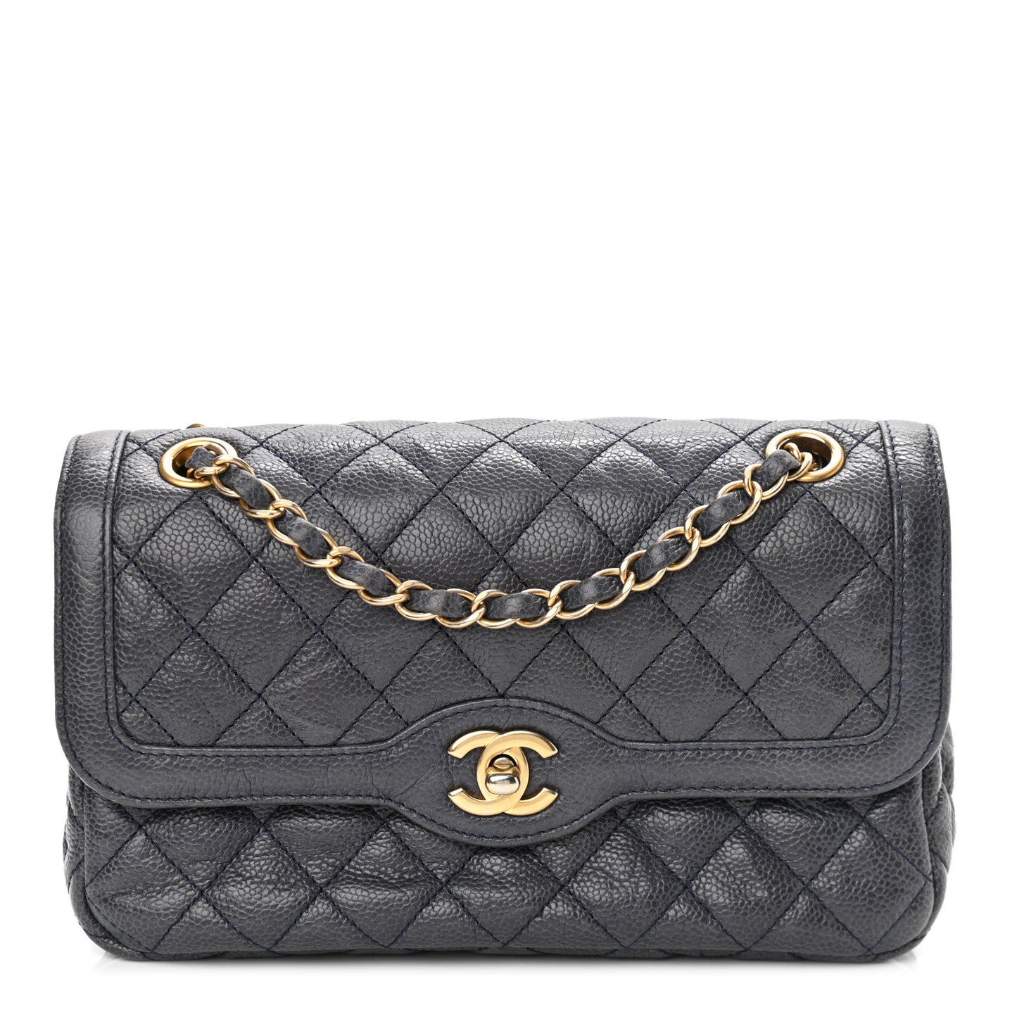 Crumpled Grained Calfskin Small Two Tone Flap Navy