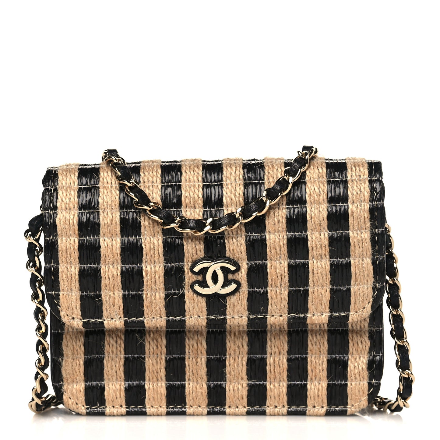 Raffia Jute Striped Belt Bag Black Beige