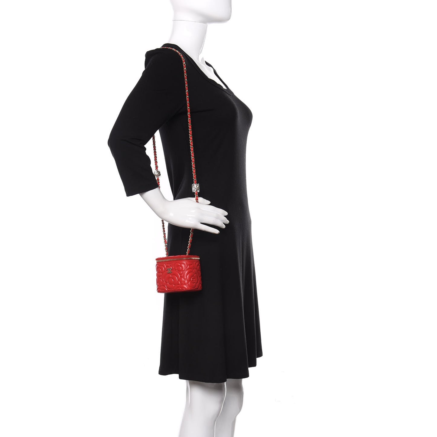 Lambskin Camellia Embossed Mini Vanity Case With Chain Red