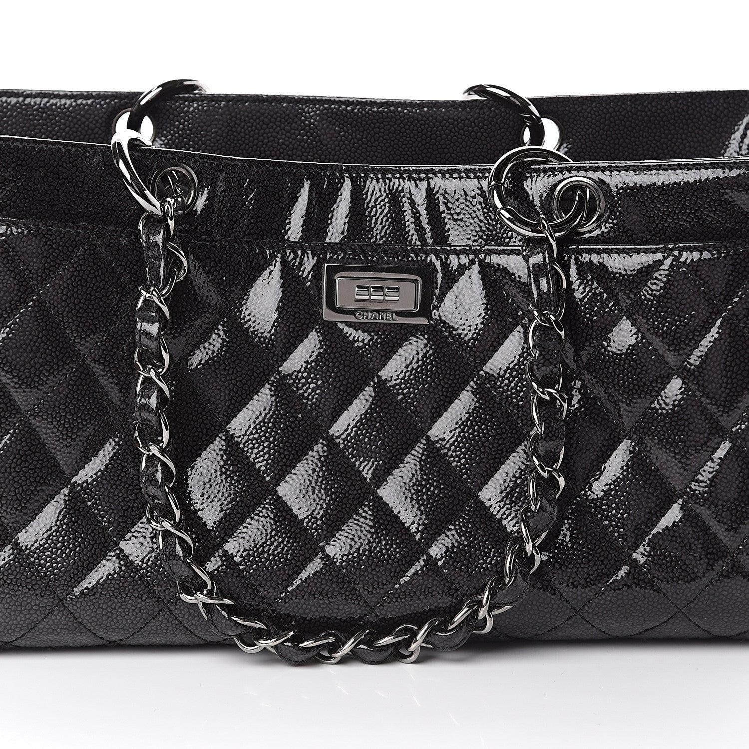 Chanel Patent Caviar Diamond Quilted Small Shine Reissue Tote Black 7 of 9