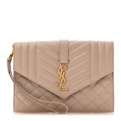 Saint Laurent Grain De Poudre Textured Mixed Matelasse Triquilt Monogram Clutch Dark Beige 1 of 9