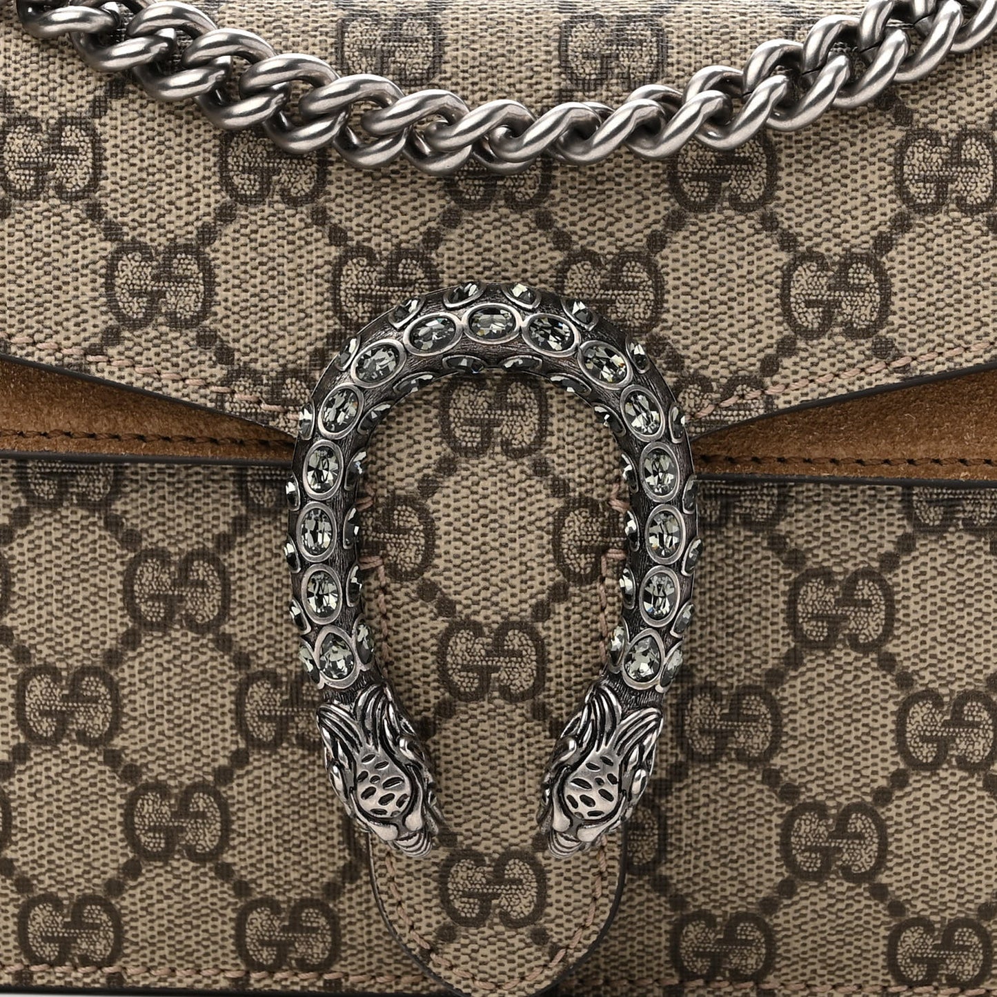 GG Supreme Monogram Suede Crystal Small Dionysus Shoulder Bag Beige Ebony Taupe