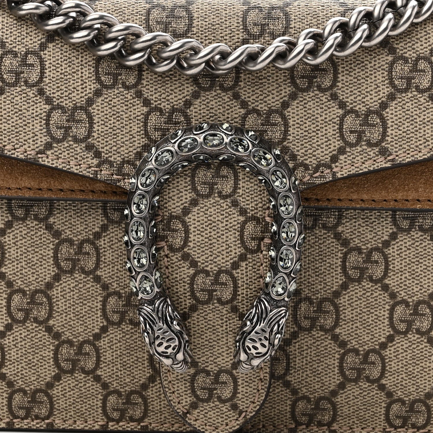 Gucci GG Supreme Monogram Suede Crystal Small Dionysus Shoulder Bag Beige Ebony Taupe 8 of 12