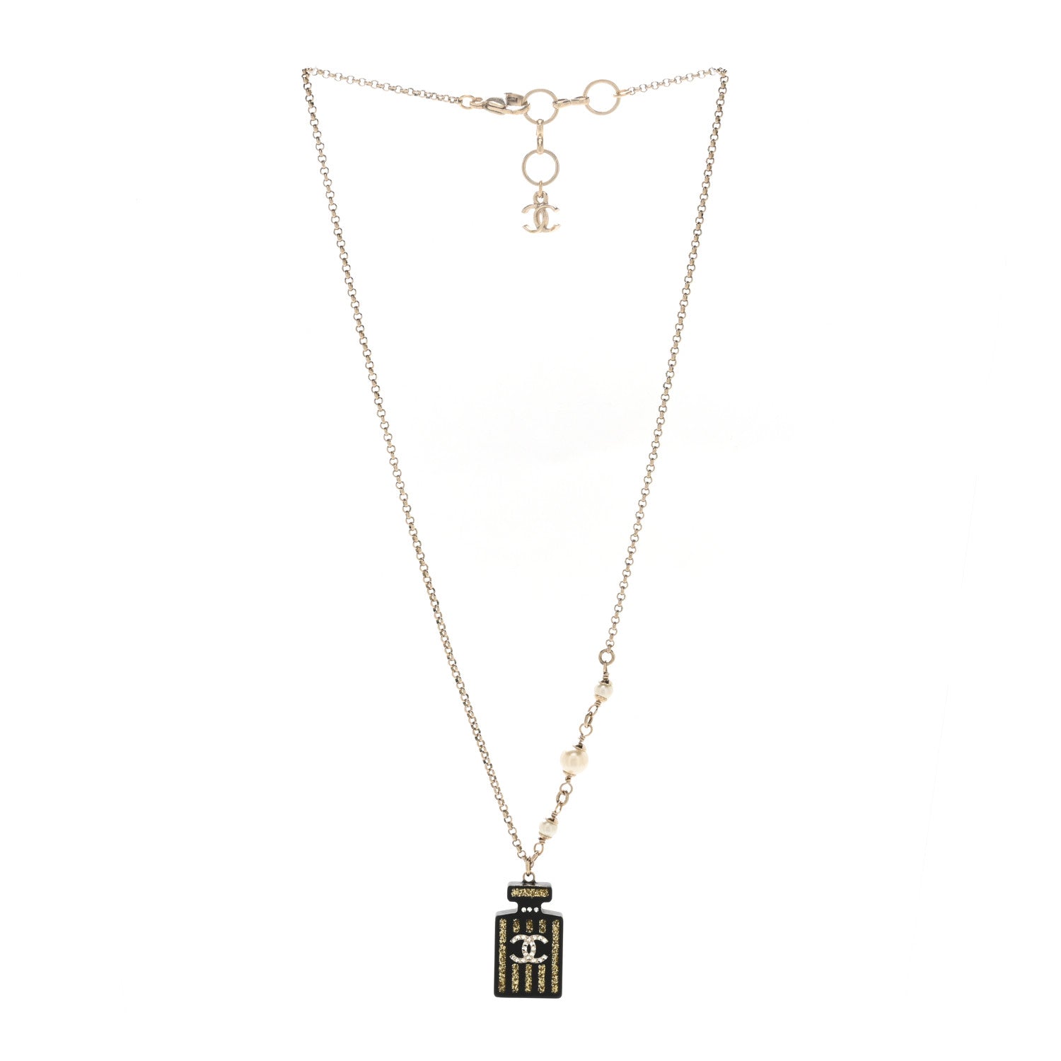 Chanel Resin Strass Pearl Perfume Bottle CC Necklace Black Gold 3 of 5