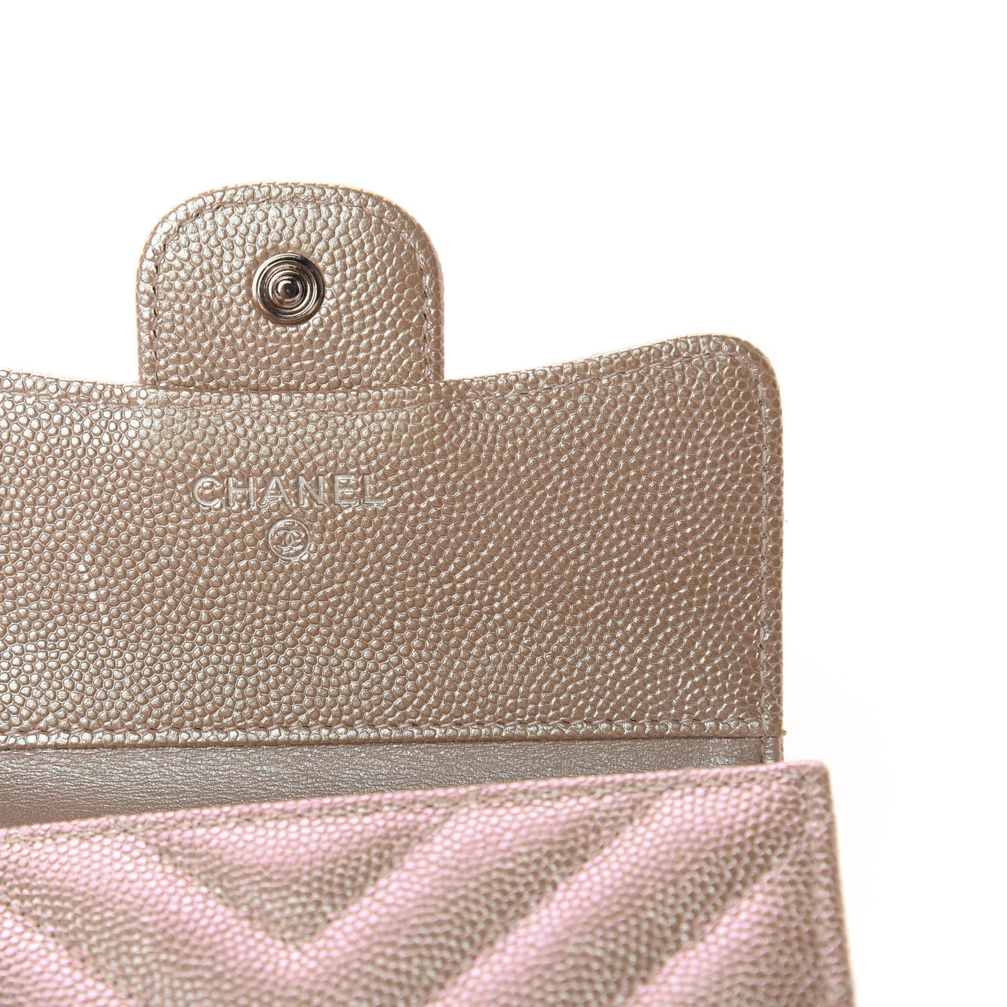 Metallic Caviar Chevron Quilted Compact Flap Wallet Light Gold