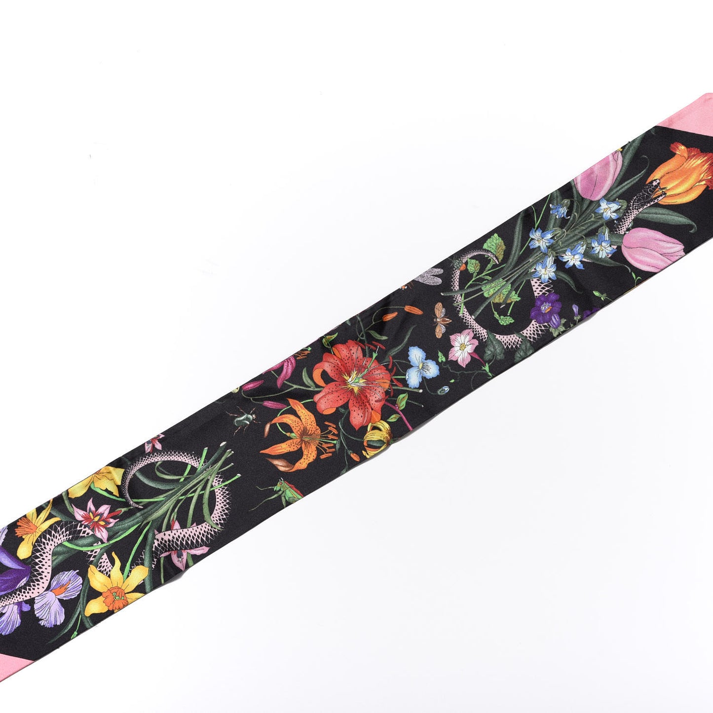 Silk Twill Flora Snake Neck Bow Scarf Black Pink