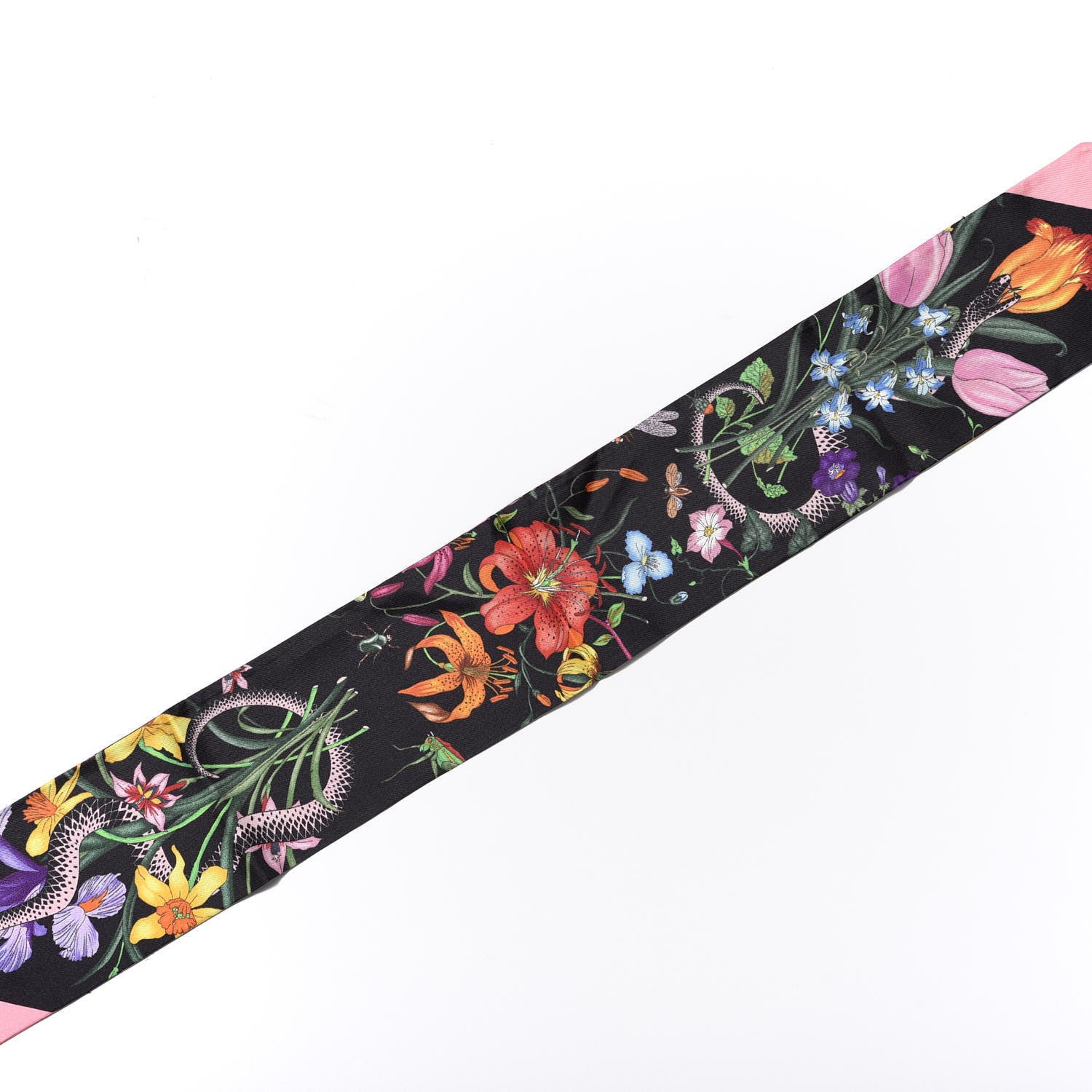 Gucci Silk Twill Flora Snake Neck Bow Scarf Black Pink 2 of 3