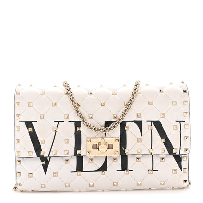 Valentino Garavani Lambskin VLTN Print Rockstud Spike Wallet On Chain White 1 of 9