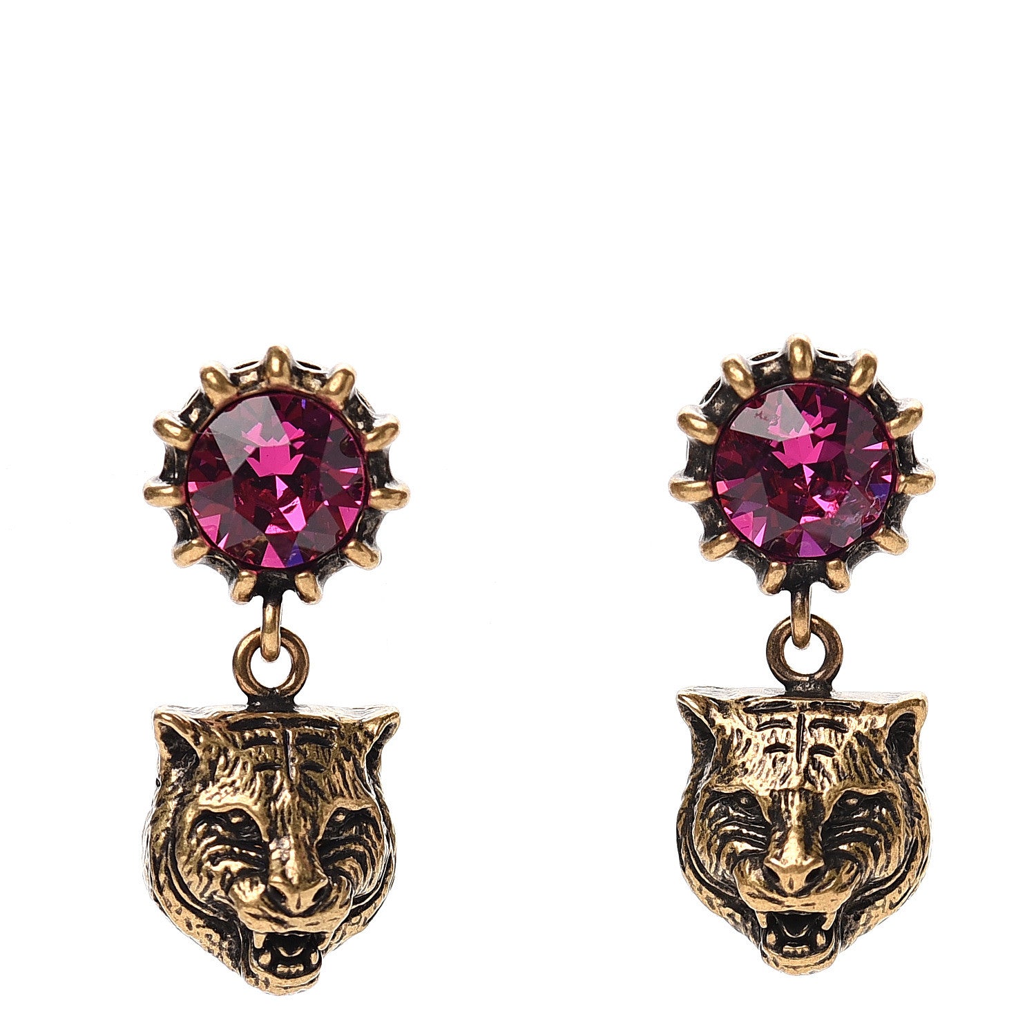 Gucci Metal Crystal Feline Earrings Aged Gold 1 of 5