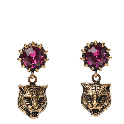 Gucci Metal Crystal Feline Earrings Aged Gold 1 of 5
