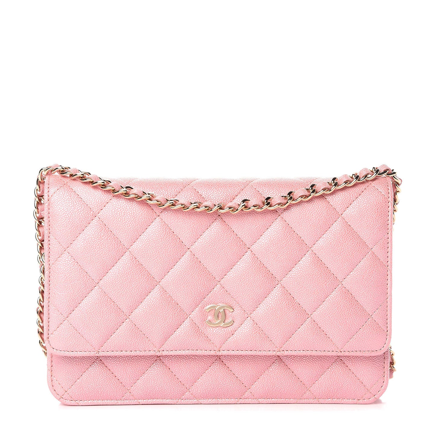 Iridescent Caviar Quilted Wallet on Chain WOC Rose Pink