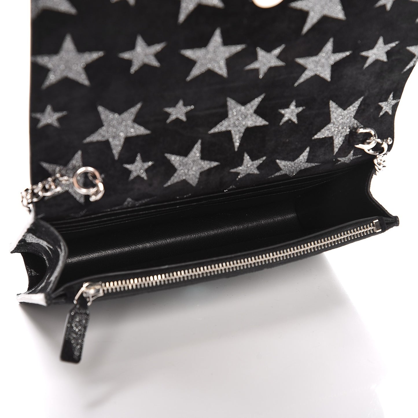 Suede Star Print Monogram Chain Wallet Black Silver