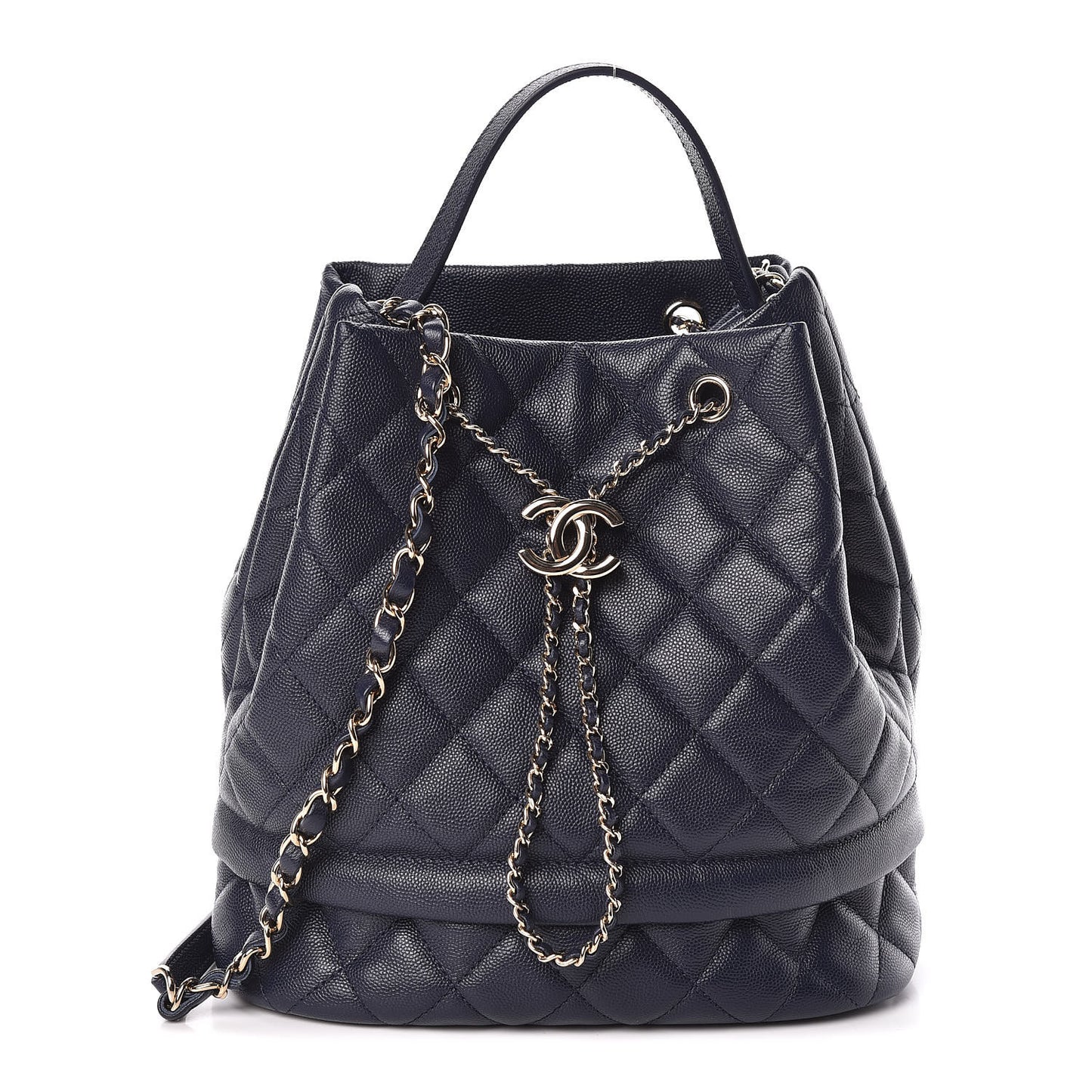 Caviar Quilted Rolled Up Bucket Drawstring Bag Navy