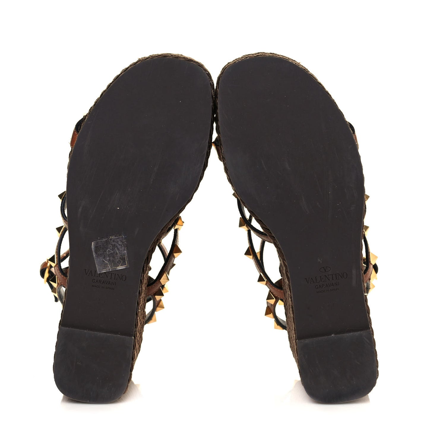 Calfskin Rockstud Ankle Strap Torchon Espadrille Caged 25/95mm Wedge Sandals 37 Cuoio