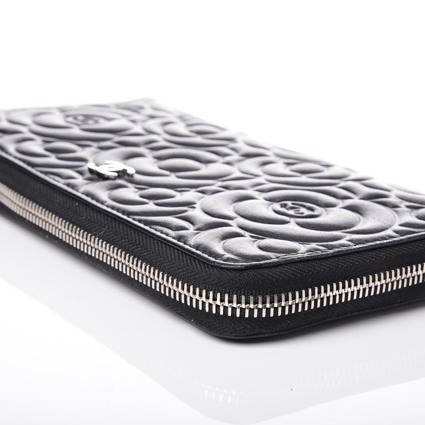 Lambskin Camellia Embossed Large Zip Around Gusset Wallet Black