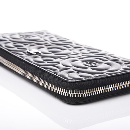 Chanel Lambskin Camellia Embossed Large Zip Around Gusset Wallet Black 12 of 14