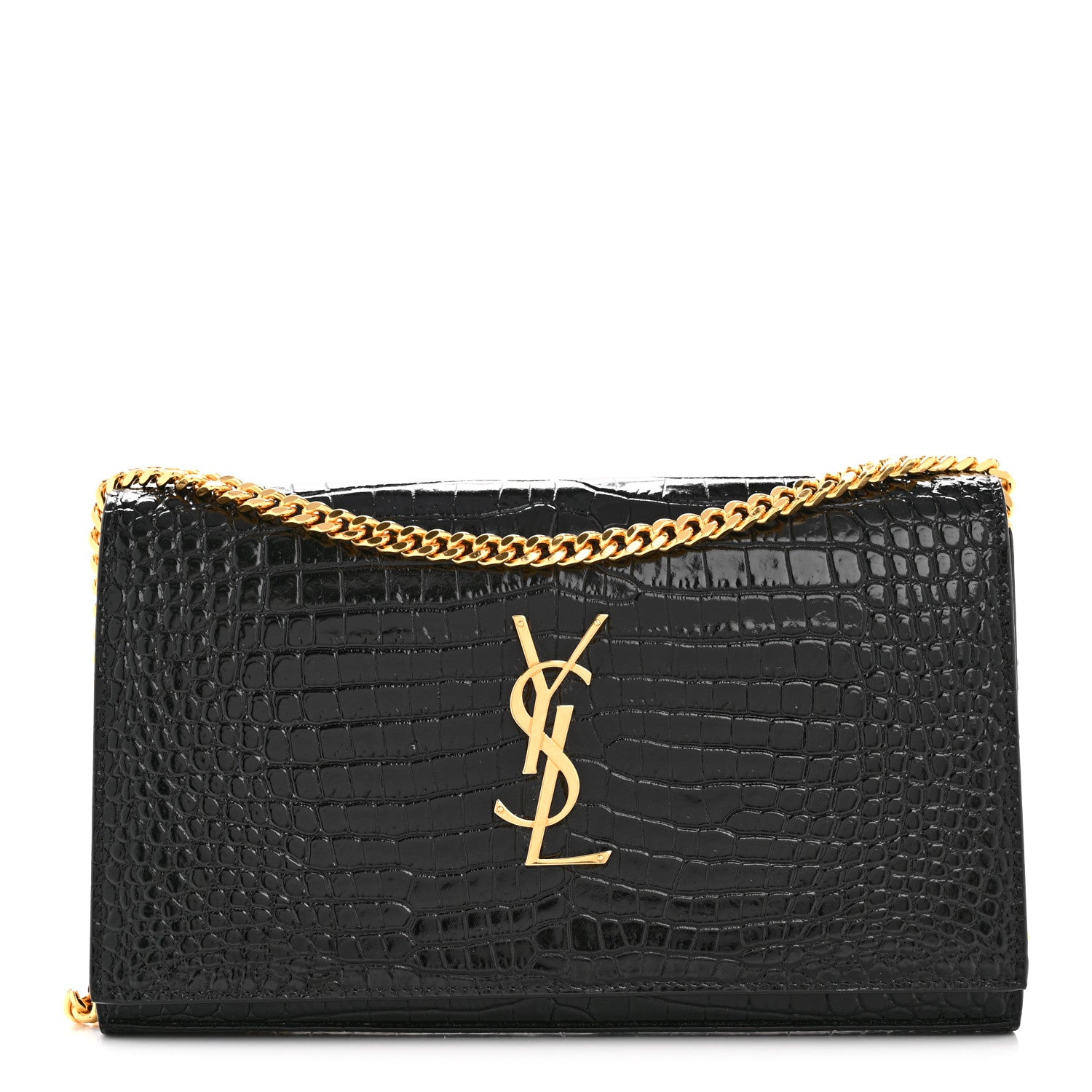 Saint Laurent Calfskin Crocodile Embossed Cassandre Wallet On Chain WOC Black 1 of 13
