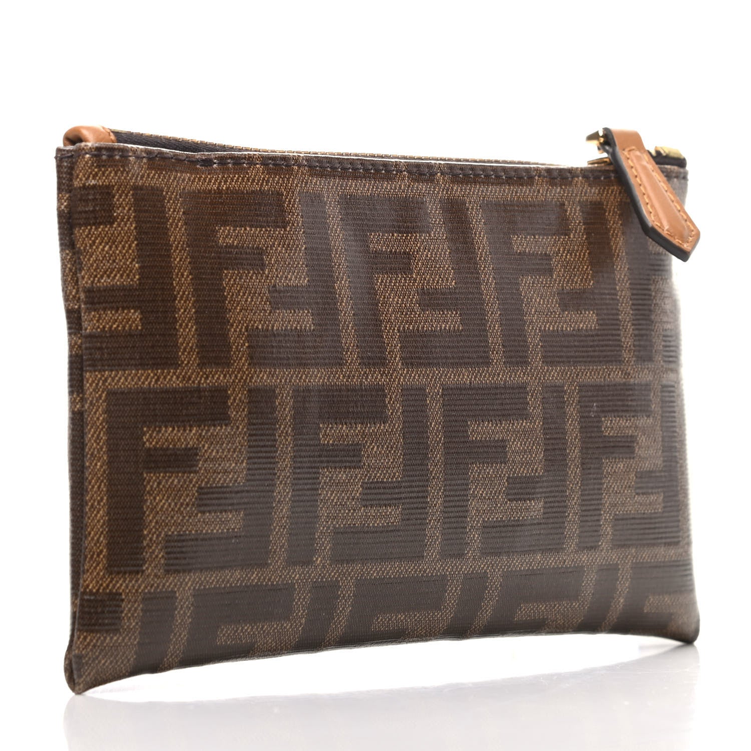 Fendi Glazed Fabric Vitello Century FF 1974 Stamp Patch XS FFreedom Flat Pouch Mogano Panna Caramello 3 of 8