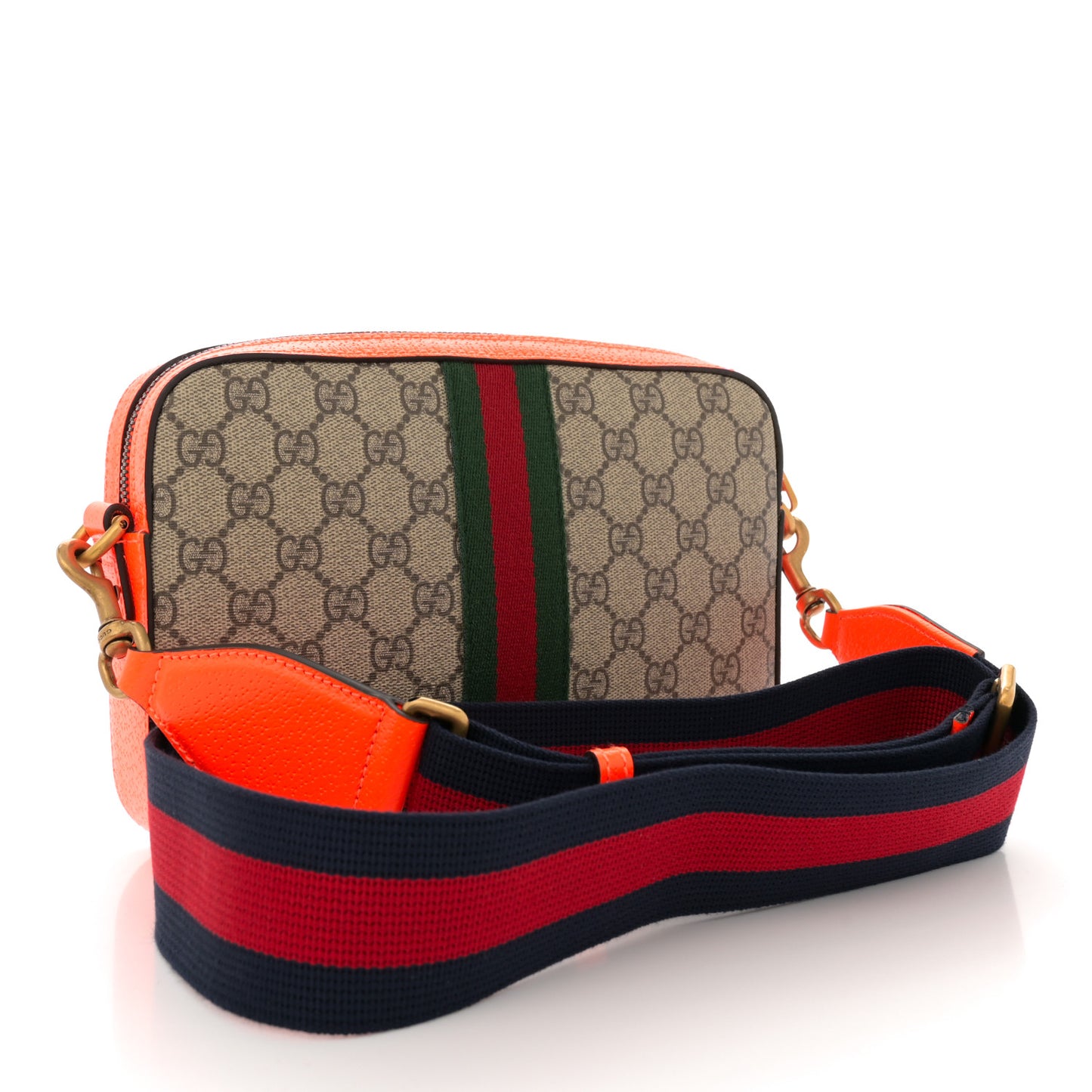 GG Supreme Monogram Textured Dollar Calfskin Web Ophidia Wristlet Shoulder Bag Beige Ebony Orange