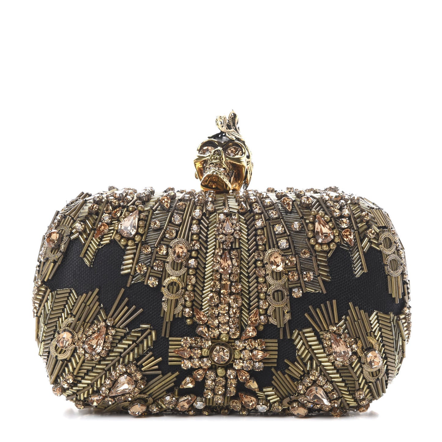 Mesh Satin Crystal Embellished Skull Box Clutch Gold