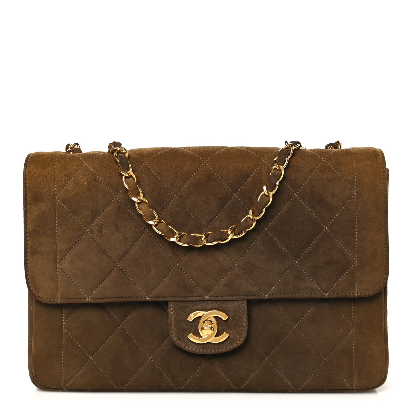 Suede Quilted Medium Single Flap Brown