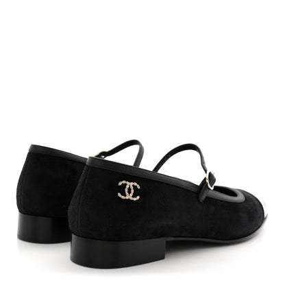 Chanel Suede Kidskin Lambskin Patent Calfskin Crystal CC Cap Toe Flats 40 Black 5 of 10