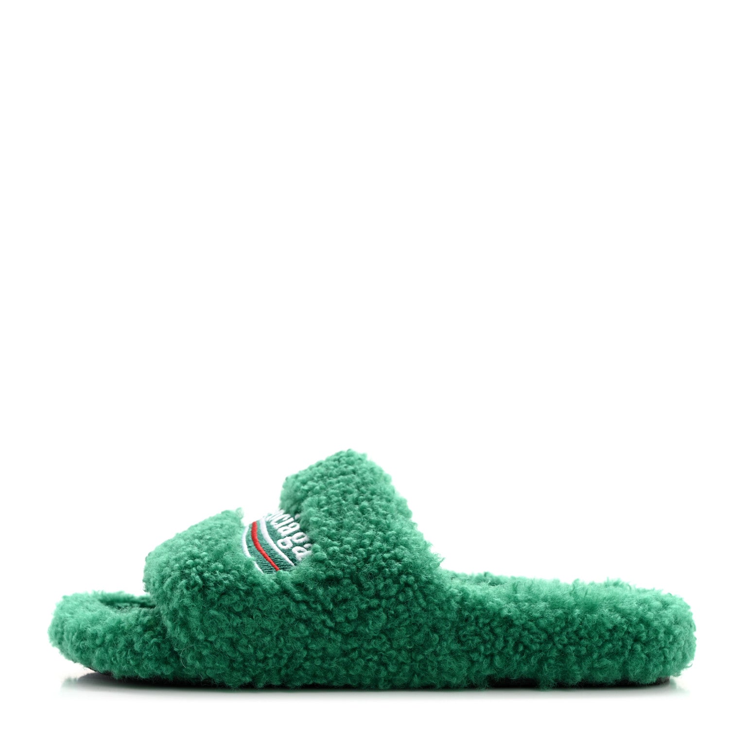 Balenciaga Faux Shearling Political Campaign Logo Slide Sandals 37 Grass Green 1 of 7