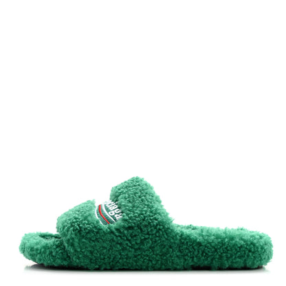 Balenciaga Faux Shearling Political Campaign Logo Slide Sandals 37 Grass Green 1 of 7