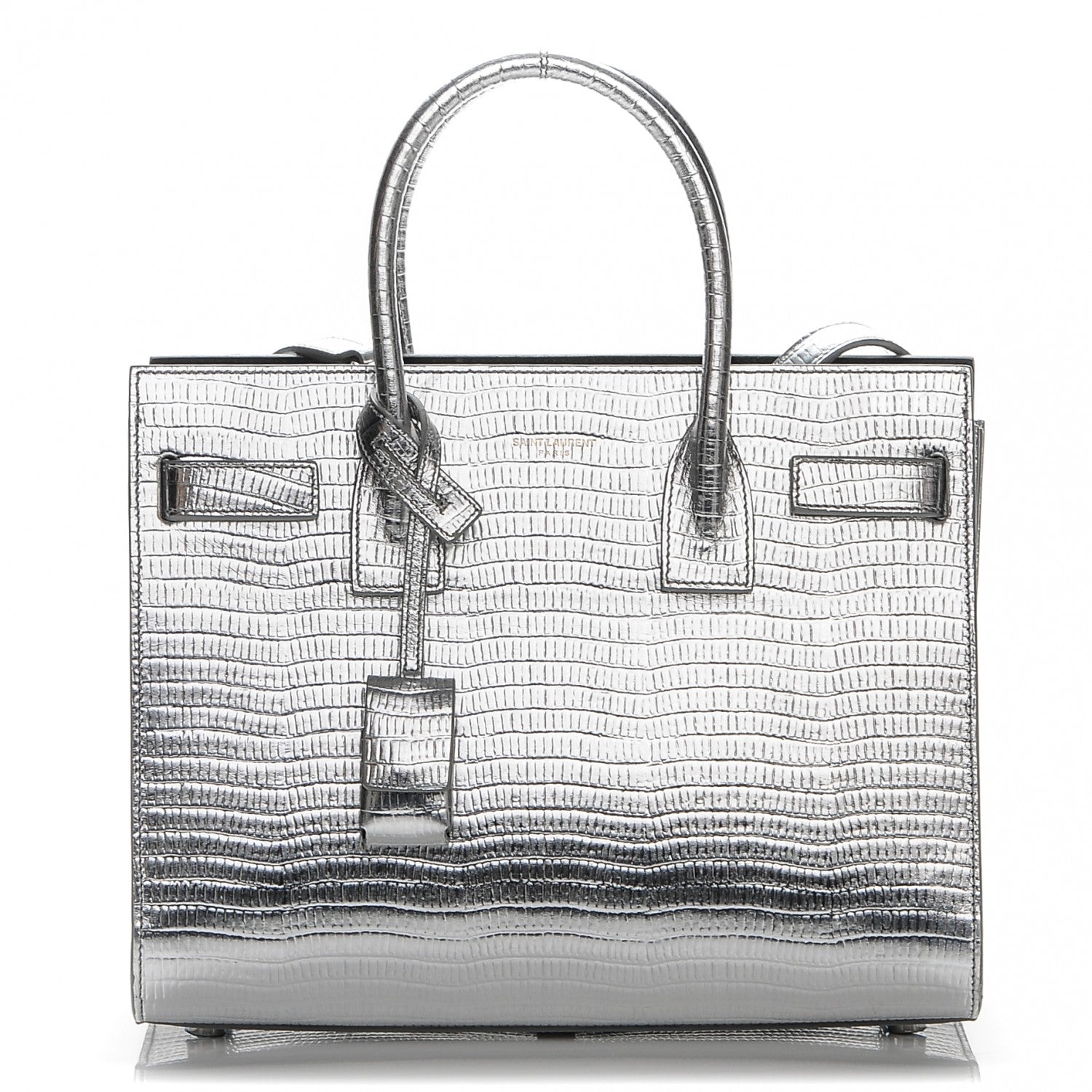 Saint Laurent Metallic Lizard Calfskin Embossed Baby Sac De Jour Argento Nero 1 of 6