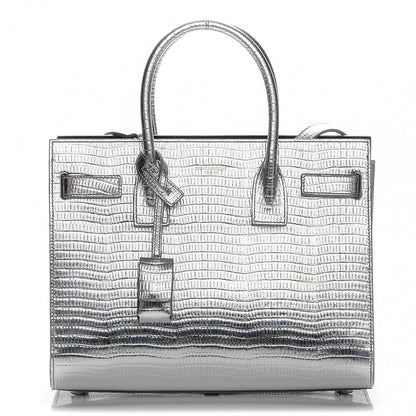 Saint Laurent Metallic Lizard Calfskin Embossed Baby Sac De Jour Argento Nero 1 of 6