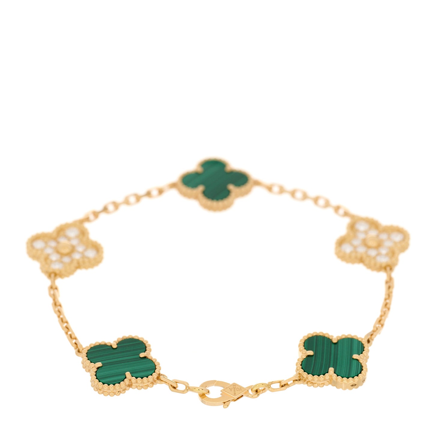18K Yellow Gold Diamond Malachite 5 Motifs Vintage Alhambra Bracelet