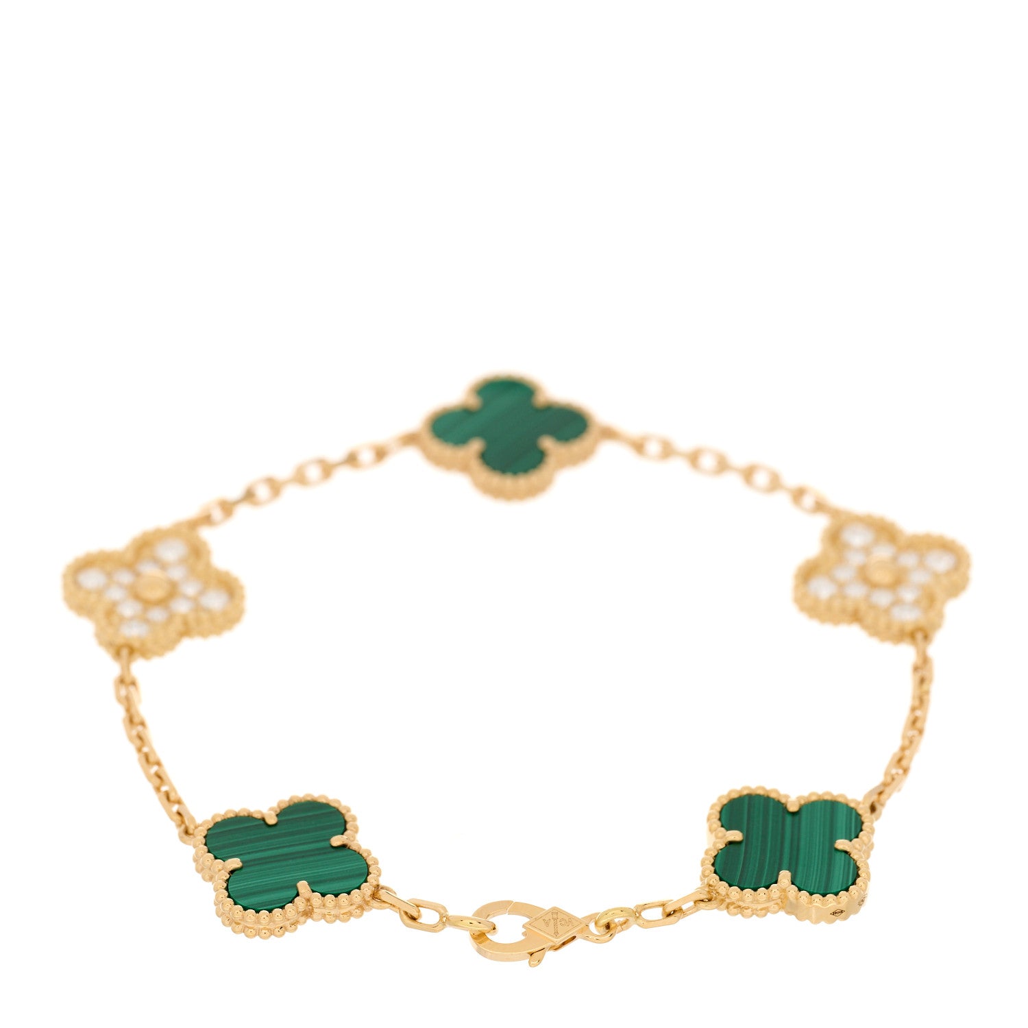 Van Cleef & Arpels 18K Yellow Gold Diamond Malachite 5 Motifs Vintage Alhambra Bracelet 3 of 4