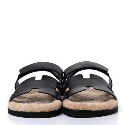 Hermes Veau Indios Woolskin Mens Chypre Sandals 43 Black Ecru 2 of 4