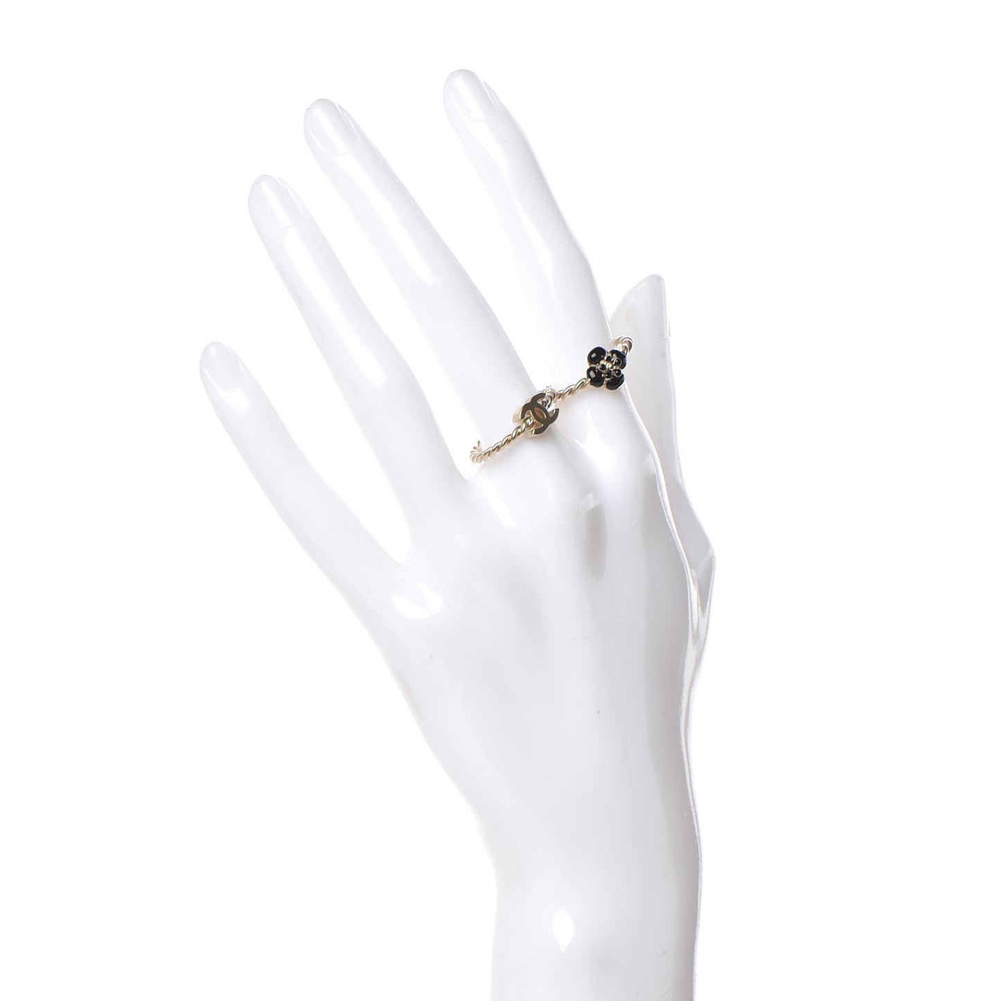 Enamel Camellia CC Ring Set of 2 4.5 5.5 Gold Black