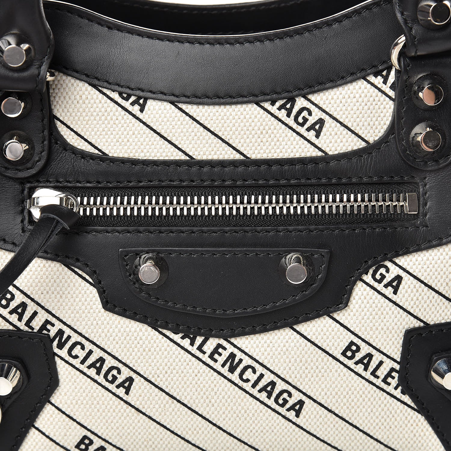 Balenciaga Canvas Satin Calfskin Diagonal Allover Logo Print Classic Silver Hardware Mini City Natural Black 8 of 10