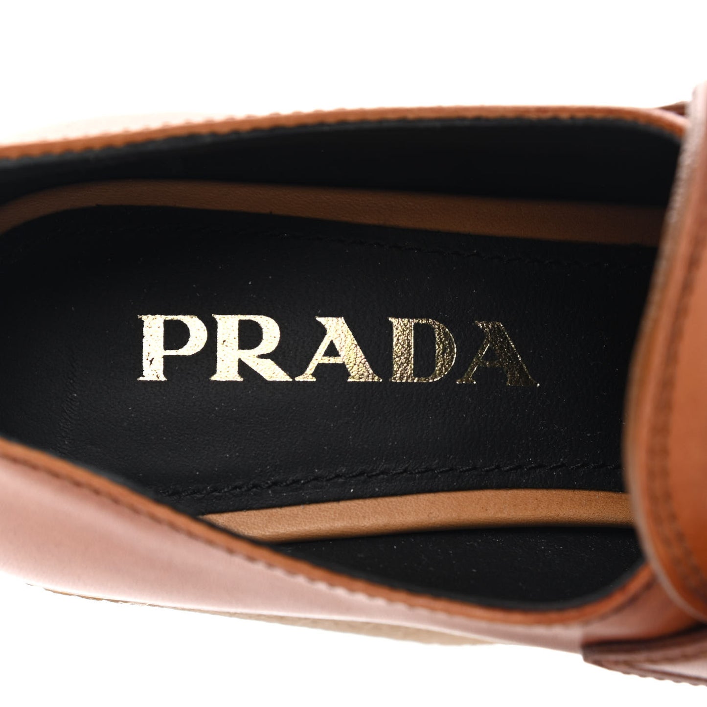 Calfskin Metal Triangle Logo Flow Heeled Loafers 36 Caramel