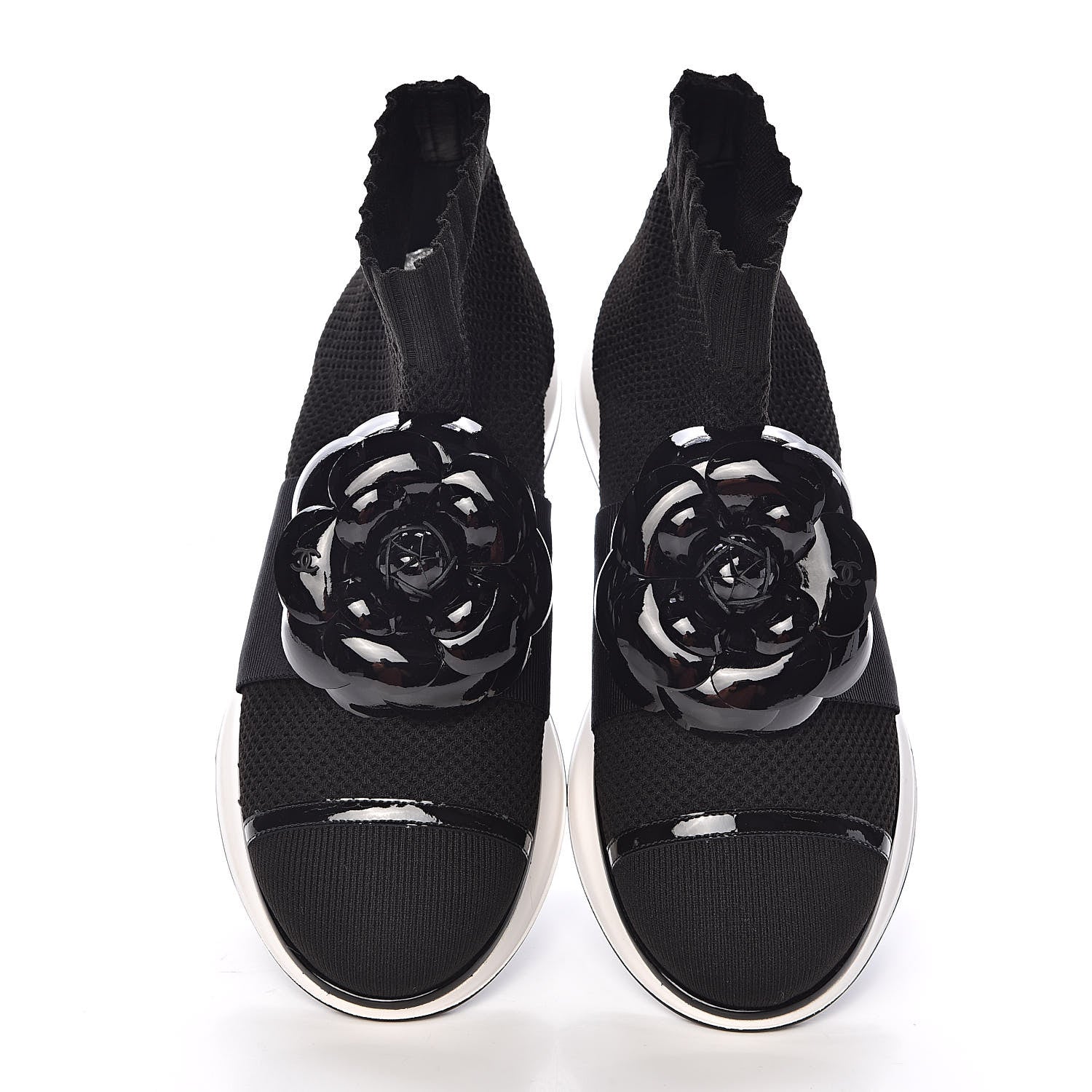 Chanel Knit Patent Calfskin Womens High Top Camellia Sneakers 36.5 Black 8 of 9