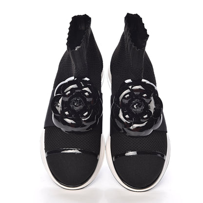 Chanel Knit Patent Calfskin Womens High Top Camellia Sneakers 36.5 Black 8 of 9