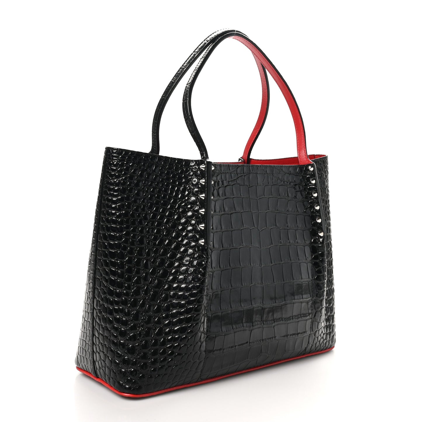 Crocodile Embossed Calfskin Spiked Small Cabarock Shopper Tote Black