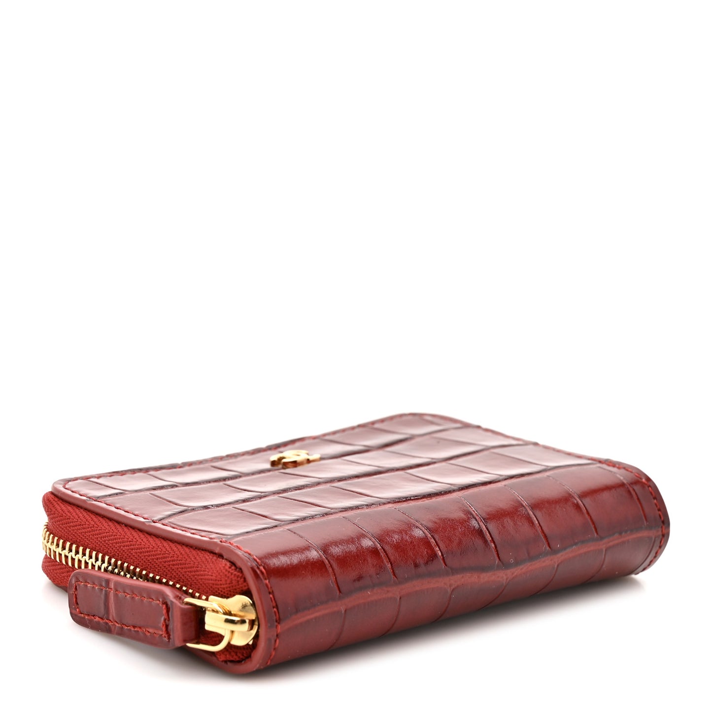 Calfskin Crocodile Embossed Crococo Zip Coin Purse Burgundy