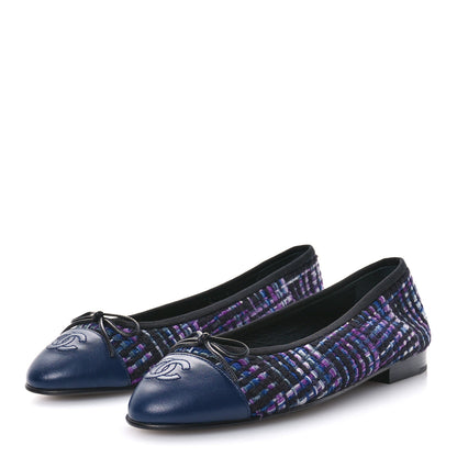 Chanel Wool Tweed Lambskin Cap Toe Ballerina Flats 37.5 Black Purple Blue White 4 of 9