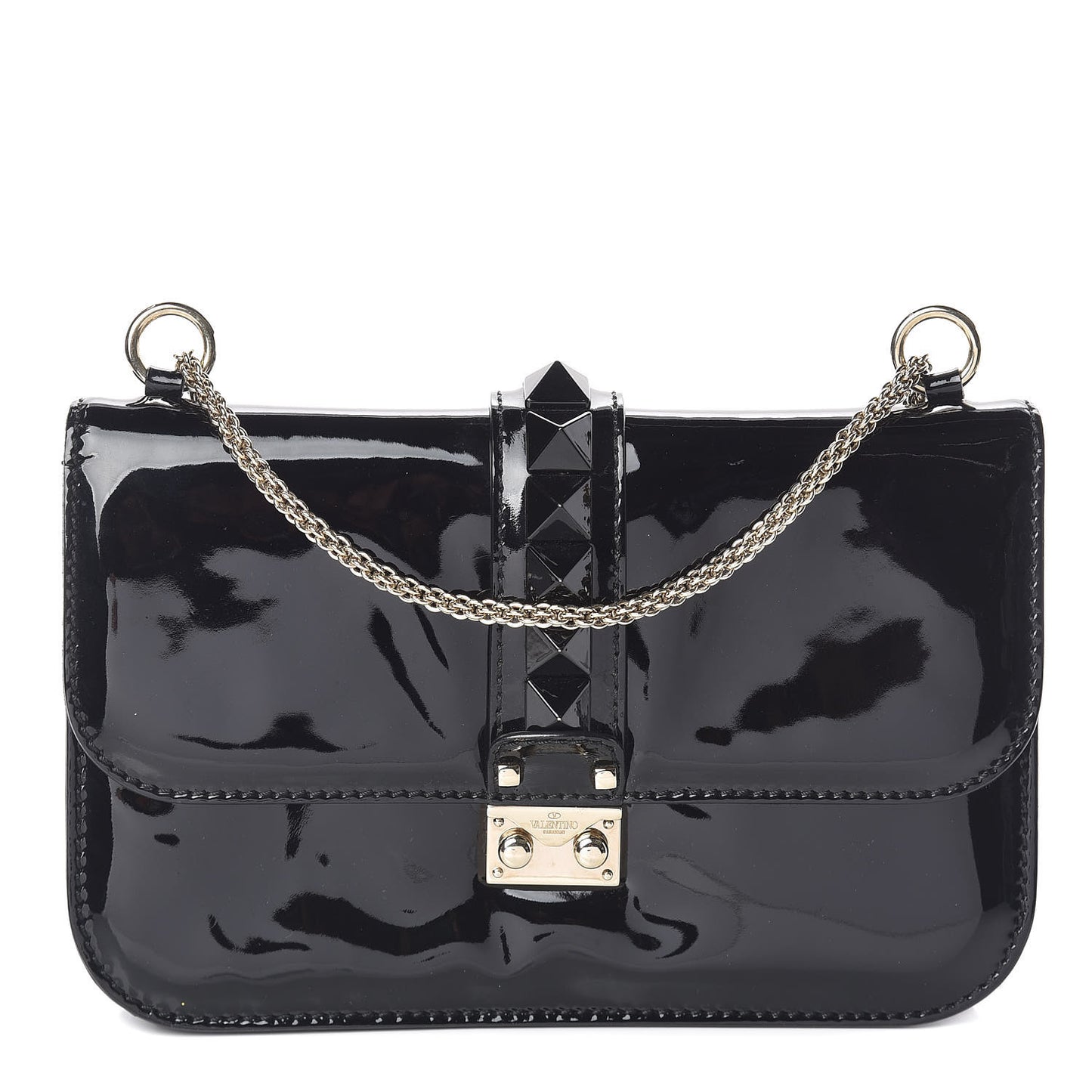 Patent Monochrome Medium Glam Lock Rockstud Flap Black